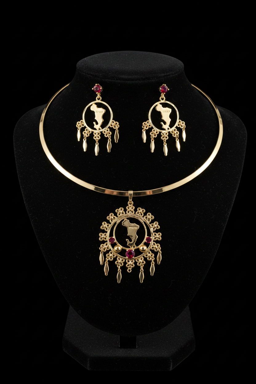Parure Mayotte Dorée – Collier Torque & Boucles d'Oreilles Chandelier Rubis
