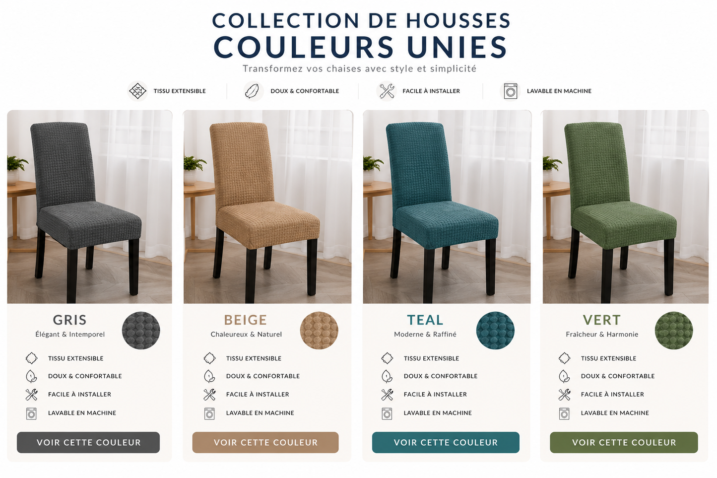 Housses de Chaise Extensibles — Collection Couleurs Unies