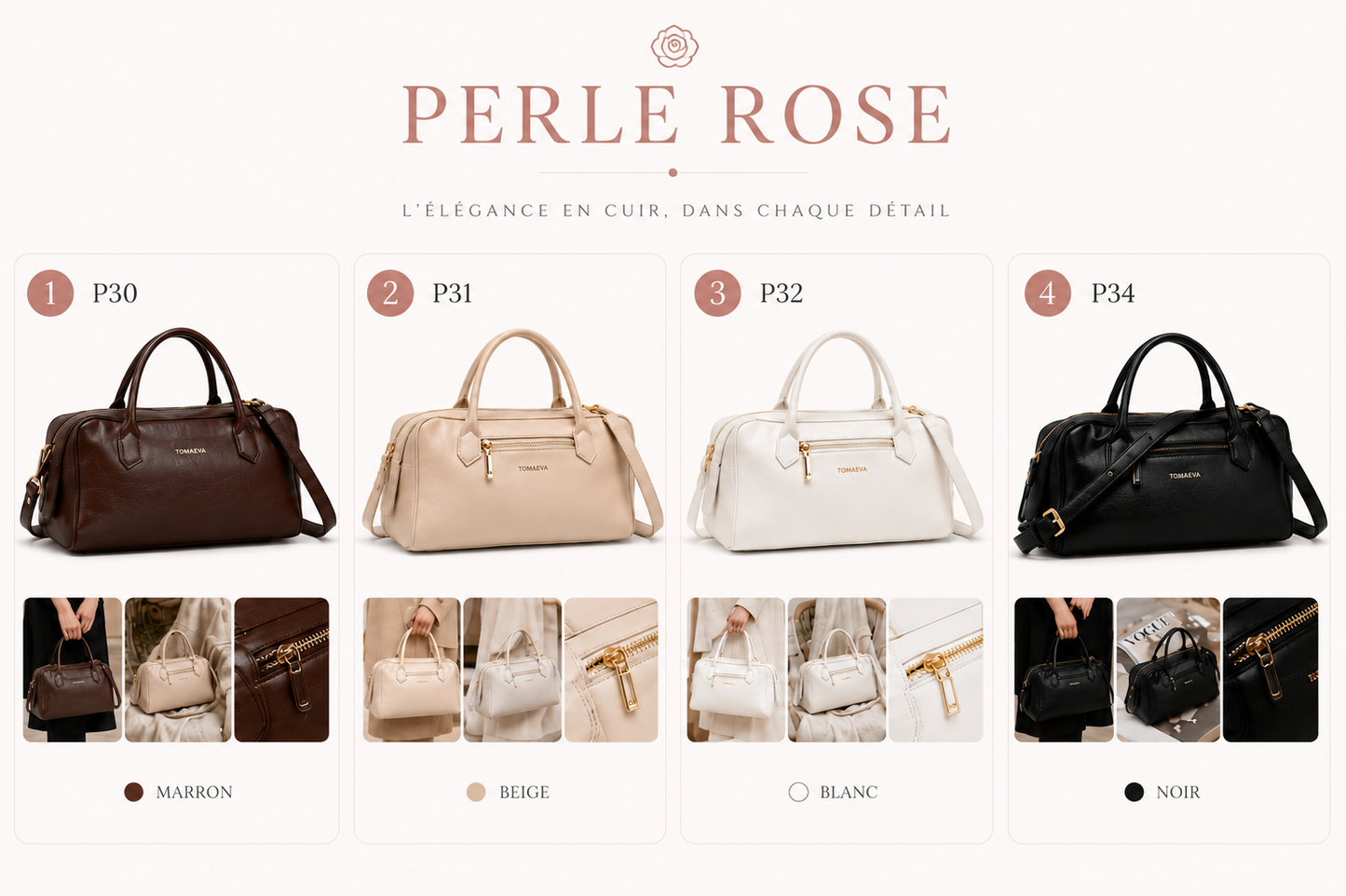 Sac à Main Bowling Perle Rose — Cuir Élégant (4 coloris