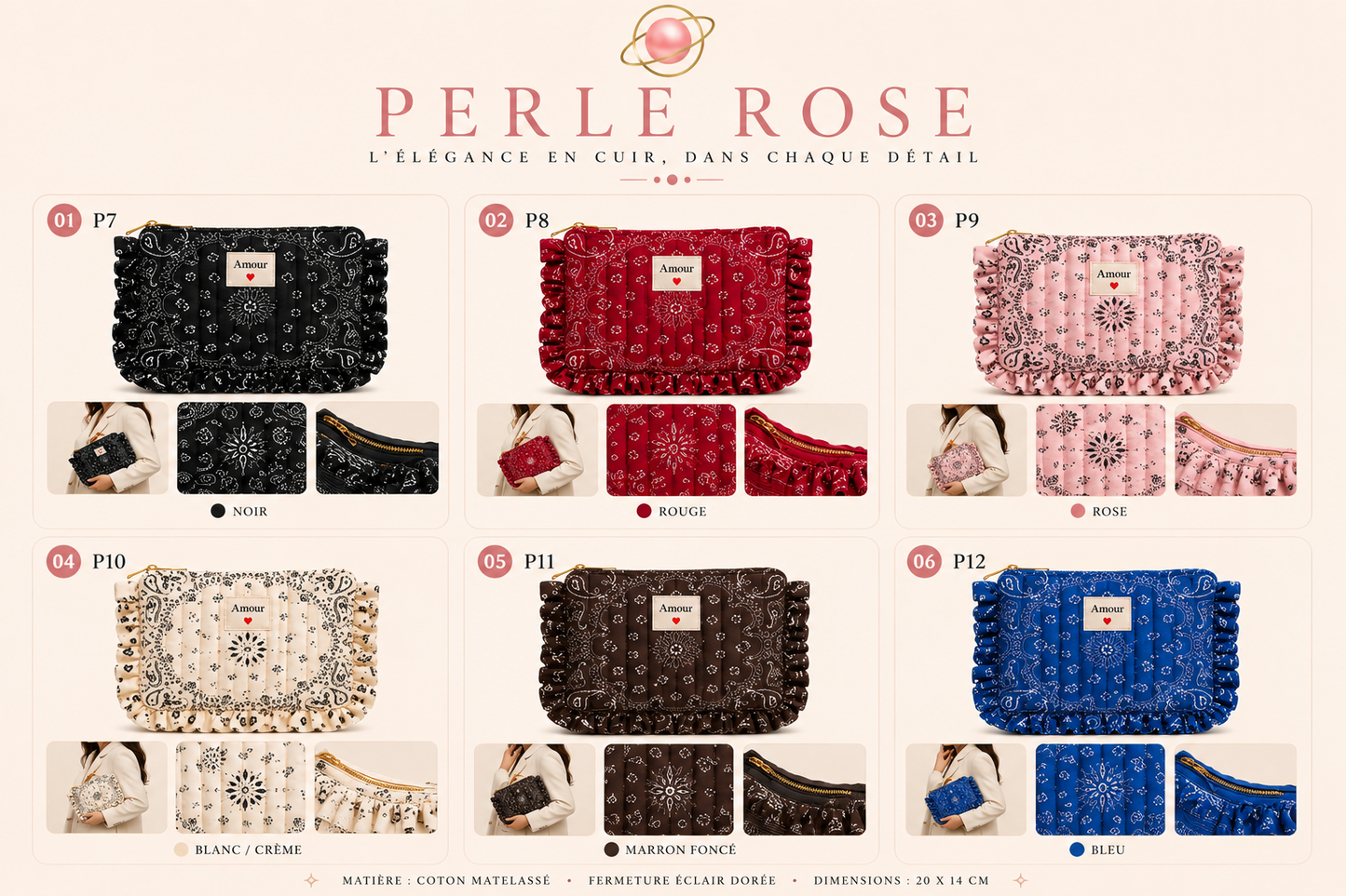 Pochette Matelassée Perle Rose — Motif Bandana & Volants « Amour »