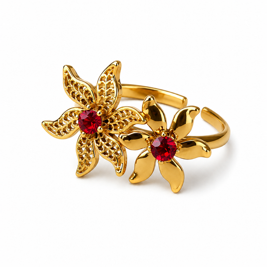 Bague Fleur Dorée Ajustable avec Pierre Rouge | Perle Rose Réunion