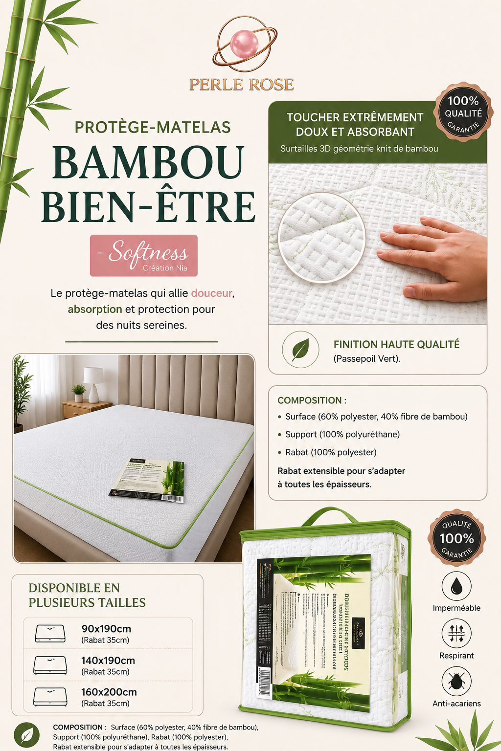 Protège-Matelas Imperméable en Bambou – Respirant & Anti-Acariens