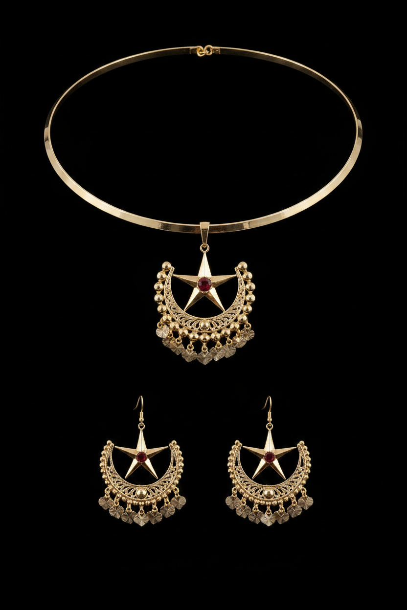 Parure Croissant & Étoile Dorée – Collier Torque & Boucles d'Oreilles Chandelier
