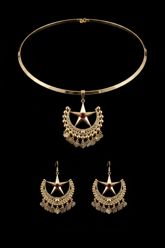 Parure Croissant & Étoile Dorée – Collier Torque & Boucles d'Oreilles Chandelier