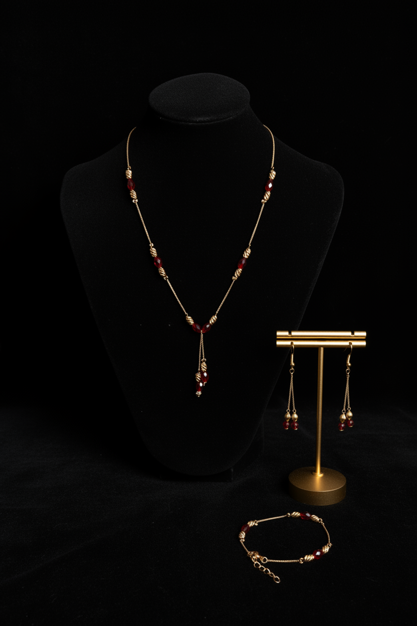 Parure Grenat & Or 3 Pièces – Collier Lariat, Bracelet & Boucles d'Oreilles Pendantes