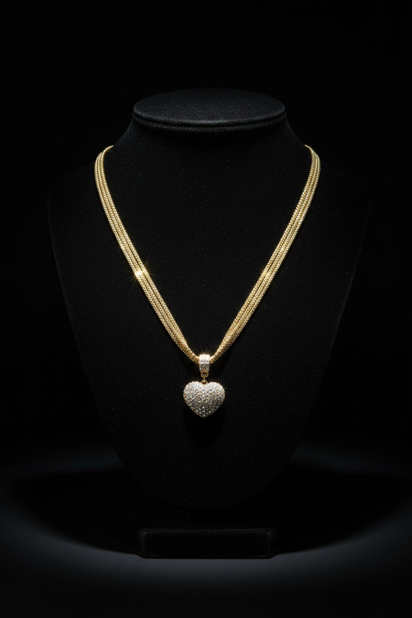 Collier Cœur Pavé Strass – Chaîne Multi-Rangs Dorée