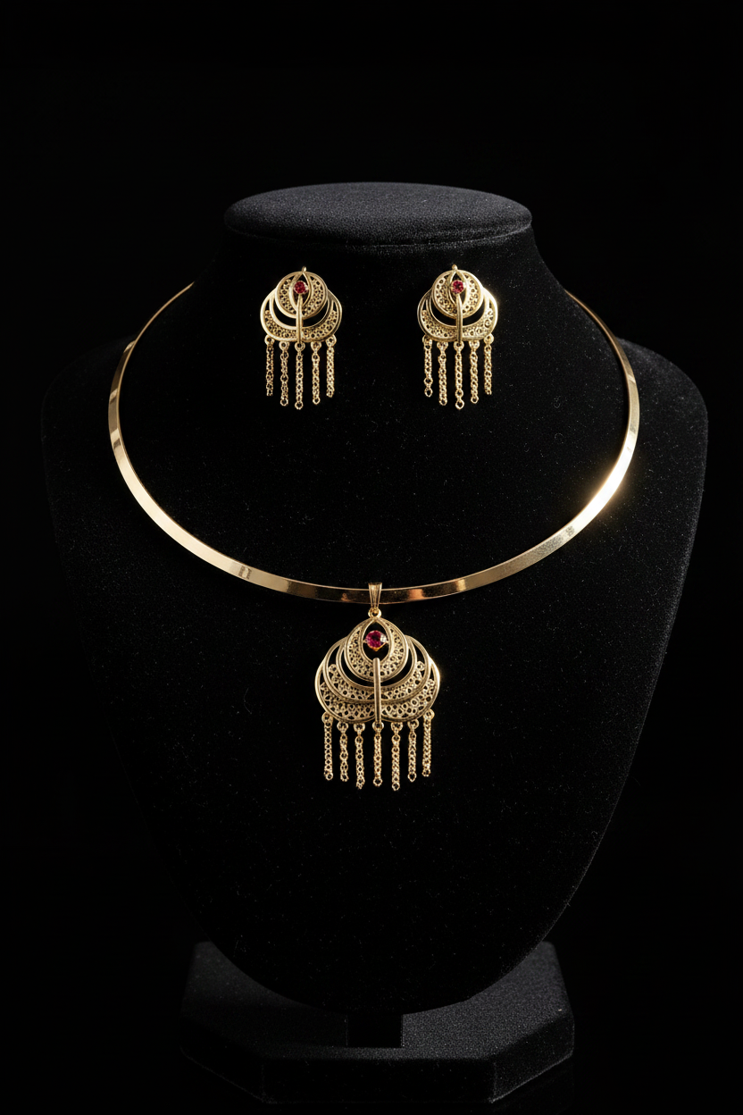 Parure Torque Doré & Filigrane Rubis – Collier Jonc Rigide & Boucles d'Oreilles Franges