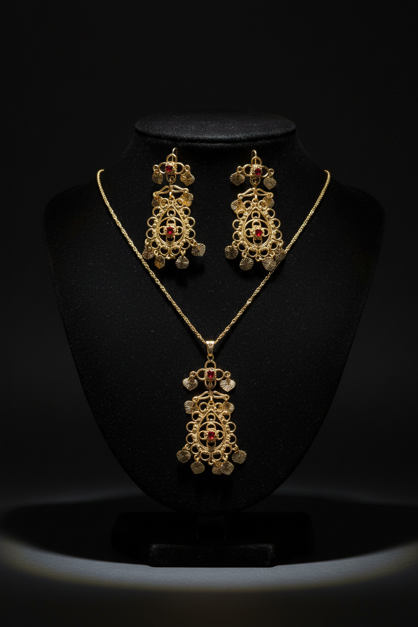 Parure Dentelle Dorée & Rubis – Collier Pendentif & Boucles d'Oreilles Chandelier