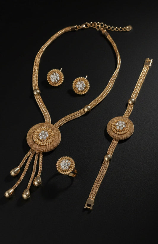 Parure Royale Dorée 4 Pièces – Collier, Bracelet, Boucles d'Oreilles & Bague